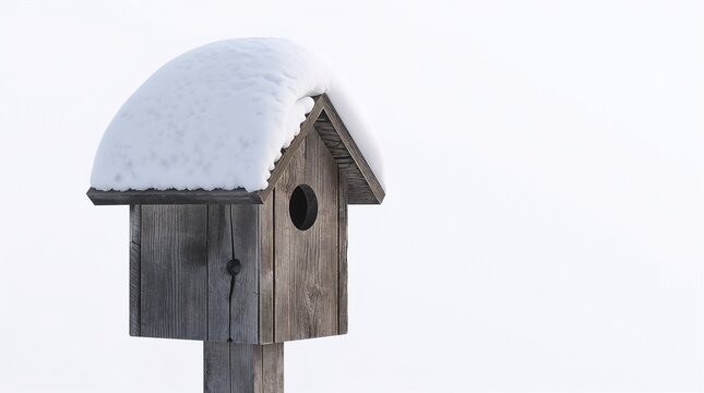 Snow Covered Wooden Birdhouse on White Background Winter Solitude Concept