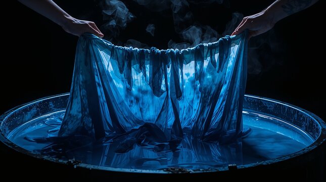 Hands Lifting Indigo Dyed Fabric from Glowing Blue Vat Traditional Dyeing Craft Concept