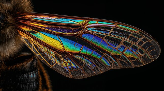 Iridescent Bee Wing Closeup Showing Rainbow Venation Pattern on Black Background