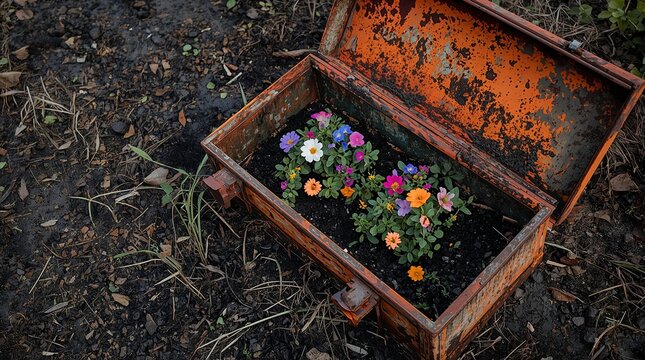 Colorful Wildflowers Blooming Inside Rusty Metal Box on Dark Soil Hope Concept