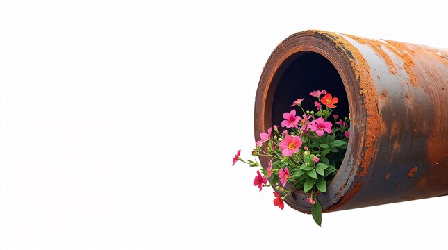 Rusty Industrial Pipe with Blooming Pink Flowers Hope and Renewal Concept White Background