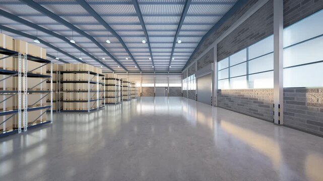 Slow forward camera movement through modern warehouse interior featuring storage racks, concrete floor, large windows, empty copy space, logistics facility, realistic commercial background.