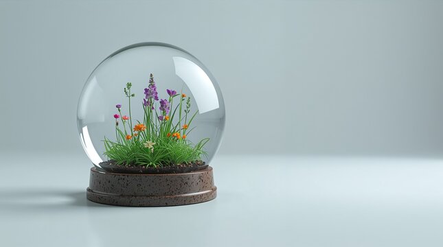 Glass Dome Terrarium with Spring Flowers and Green Grass Nature Concept