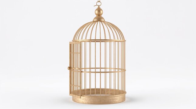 Golden Ornate Bird Cage with Open Door Empty Freedom Concept on White Background
