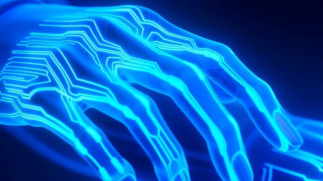 Glowing cybernetic hand with circuit patterns extends fingers against an abstract dark blue background