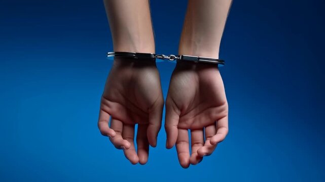 Handcuffed hands hanging motionless against a blue background in closeup view