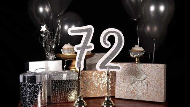 Silver Number 72 with Silver Glitter Sparkles with Gifts and Balloons and Cupcakes for Party Seventy Two
