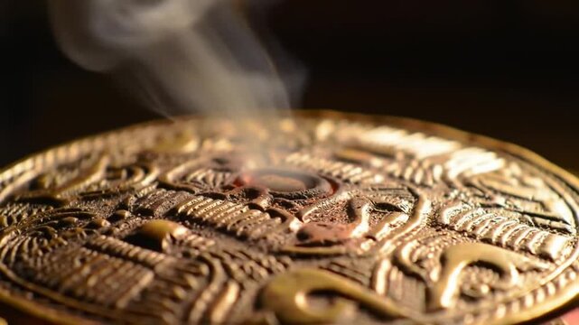 Incense Cone Burning on an Ancient Aztec Calendar Bronze Plate Symbol
