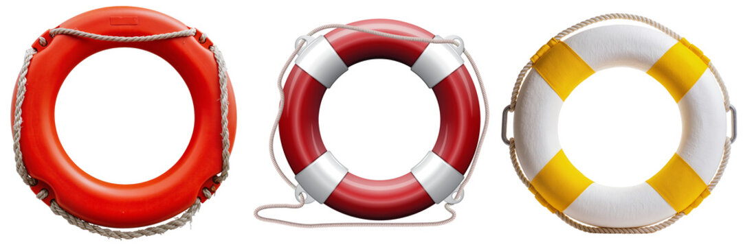 Three life preservers or lifebuoys in different colors: orange, red and white striped, and yellow and white striped, isolated on a white background.