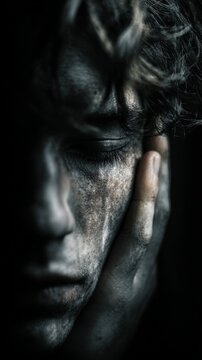 A close-up of a person's face covered in dark grime with eyes closed against a black background.