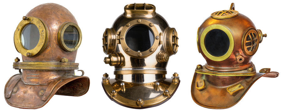 Three vintage diving helmets made of copper and brass, isolated on white background