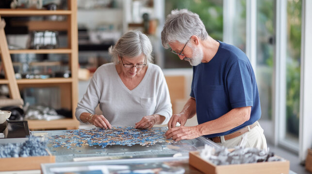 Senior couple assembling puzzle together in bright room, indoor activity concept
