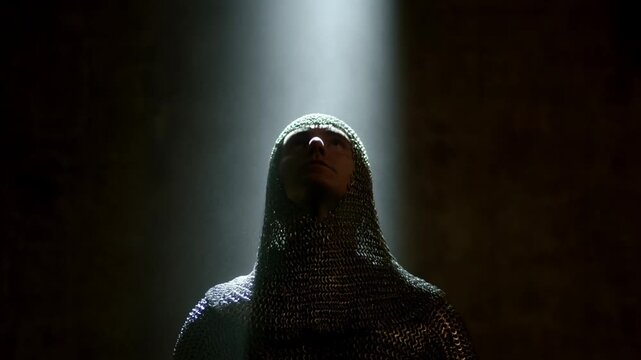 Chainmailclad warrior standing motionless in a dark interior with dramatic backlighting