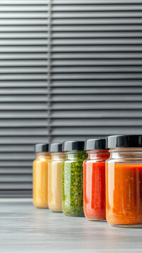Variety glass jars filled with different spicy pepper sauces fermentation, background