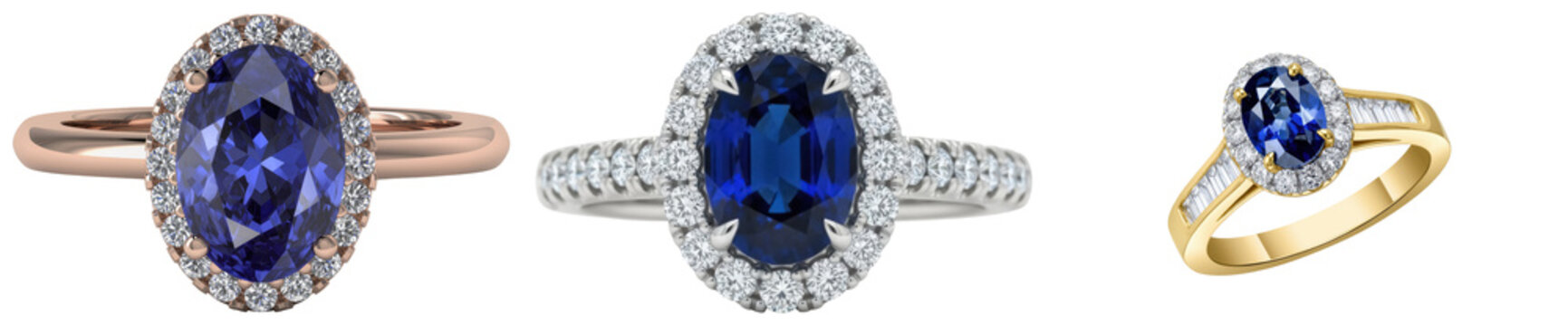 Three oval sapphire and diamond engagement rings on a white background