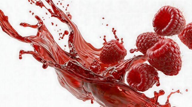 Refreshing red raspberry fruits floating amidst a wave of liquid splashes and juice droplets. High-resolution food advertising banner design for berry juice branding.