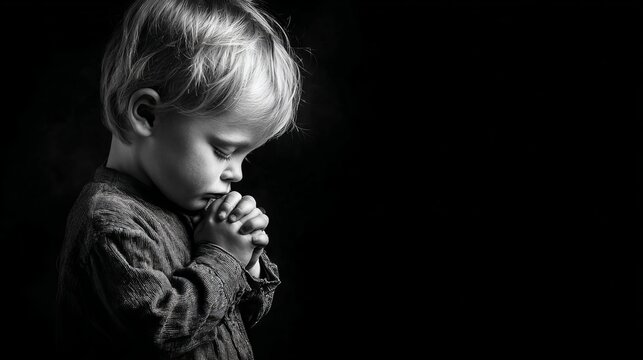 Young blonde boy with closed eyes praying quietly in a dramatic black and white studio portrait with soft side lighting
