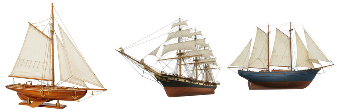 Three different sailing ship models isolated on a white background