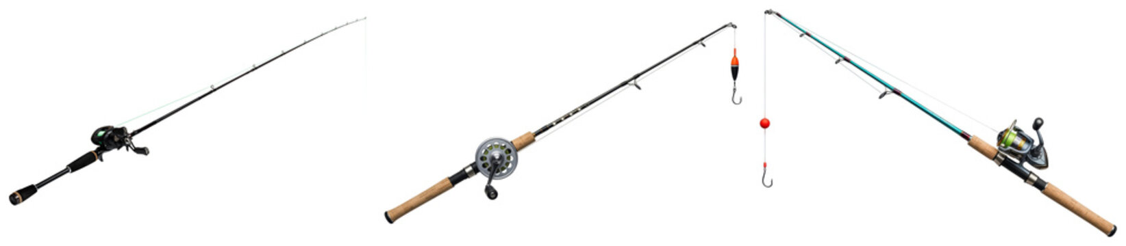 Three fishing rods with reels and tackle, isolated on a white background