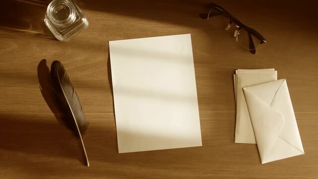Blank paper and envelopes arranged with quill, glasses, and ink bottle on wooden writing desk