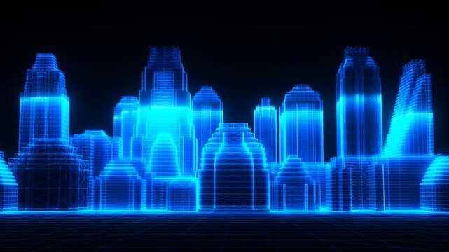 Blue wireframe city skyline stands above a glowing perspective grid against a dark background