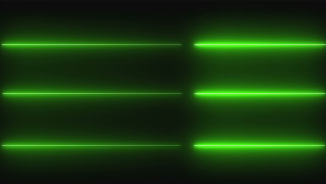 Bright neon green light lines glowing on a dark background set of abstract horizontal beams for modern technology design elements and futuristic digital effects