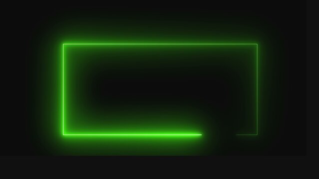 Bright glowing neon green rectangular frame border isolated on a dark background for modern technology digital signage and futuristic graphic design elements
