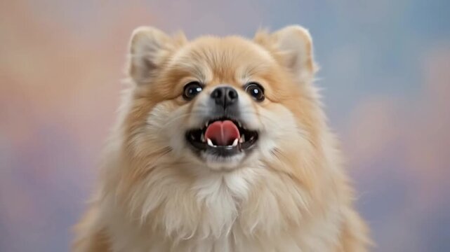 An irresistibly funny cinematic close up of a fluffy Pomeranian barking energetically toward the viewer, capturing its expressive face, tiny open mouth