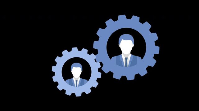 Business teamwork concept video with rotating gears and male avatar icons isolated on alpha background 4k footage