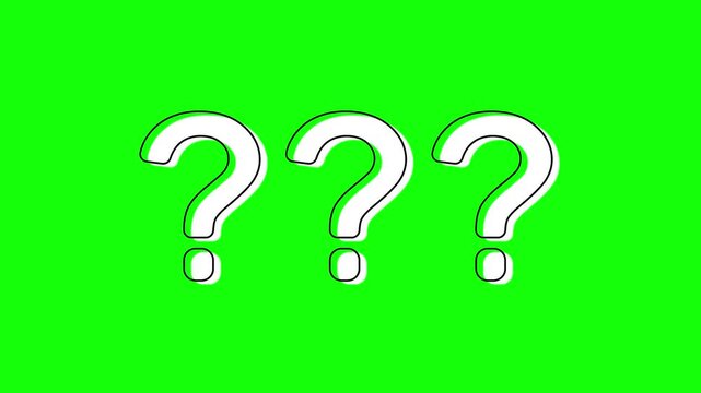 Animation Three white question marks with black outlines are prominently displayed on a solid bright green background, symbolizing questions, uncertainty, and the search for answers.