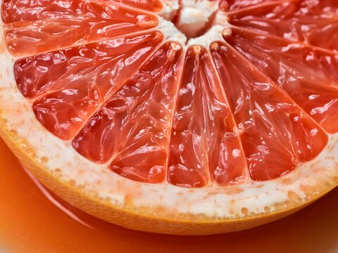 Fresh red grapefruit slice macro shot showing juicy pulp and citrus texture
