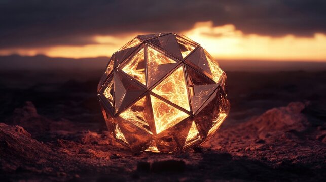 Illuminated geodesic sphere at sunset.