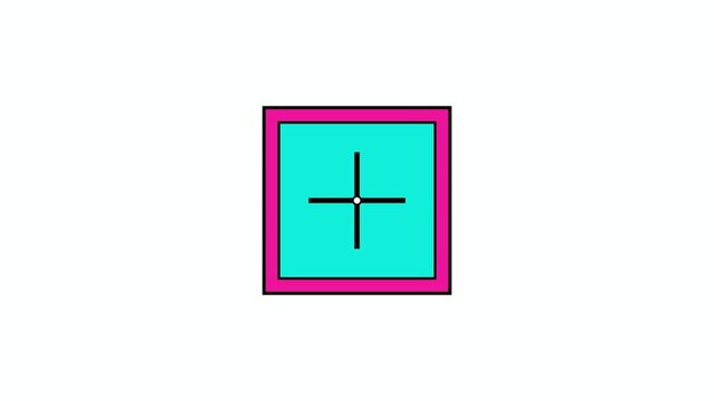 A neo-brutalist window frame tile in hot pink and cyan with a stark crosshair spins its center crosshair one hundred eighty degrees pulsing the outer frame scale
