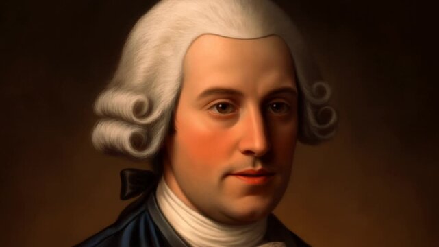 Historical gentleman portrait with powdered wig and formal attire against dark brown background