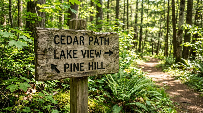 Wooden trail sign pointing to Cedar Path and Pine Hill in a lush green forest.