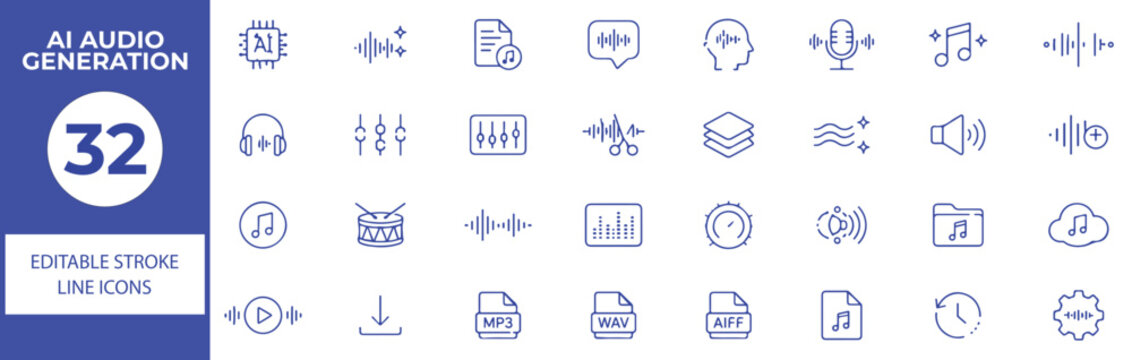 32 AI Audio Generation Vector Outline Icons Set &ndash; Artificial Intelligence, Music Creation, Sound Wave, Voice, Audio Editing and Machine Learning Line Symbols Collection