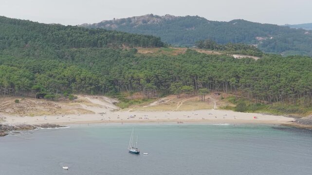 Aerial footage of Praia de Melide, a scenic sandy beach bordered by lush pine forest in Cangas, Galicia, Spain.