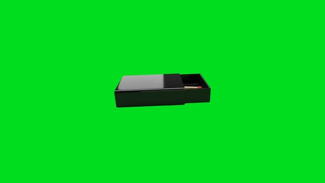 A sleek black matchbox containing a single match isolated on green screen