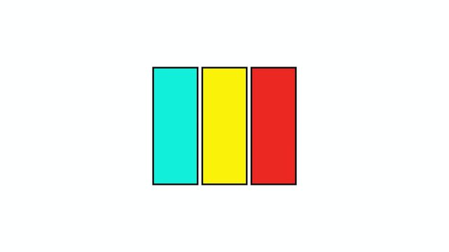 A three column modular brutalist grid wall in cyan yellow and red with black structural lines slides alternating columns vertically expanding block heights