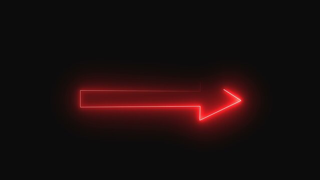 Bright red neon arrow sign glowing on a dark background showing direction and movement for modern graphic design projects and digital web interface navigation