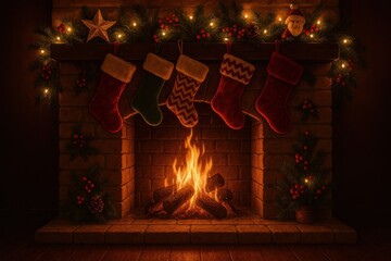 Fototapeta premium Cozy festive fireplace with stockings.