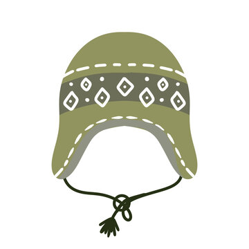Green winter hat with earflaps and nordic geometric pattern isolated on white background