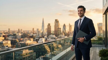Plakat Businessman holding laptop on office balcony overlooking city skyline at sunset