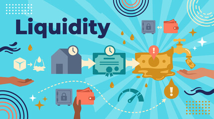 Naklejka premium liquidity concept illustration showing asset conversion to cash with financial icons and money flow banner