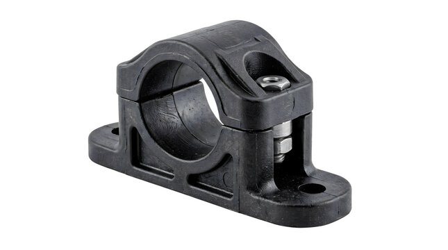Black heavy duty plastic pipe clamp with steel bolt secure mounting for industrial use.