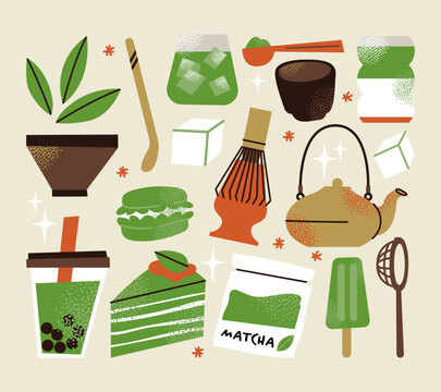 Matcha Tea Set with Bowl, Whisk, Teapot, Boba Drink, Cake, Macaron and Ice Pop, Japanese Green Tea Ceremony Vector Illustration Collection