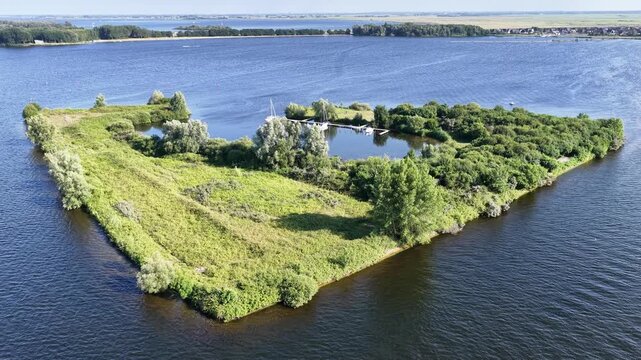 Netherland North Holland Huizen and Almere City Gooimeer Lake Island Recreation Boat Dock Dutch Wetland Aerial Drone 4K