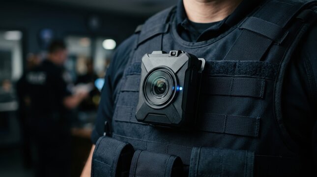 Police officer wearing body camera on tactical vest in station