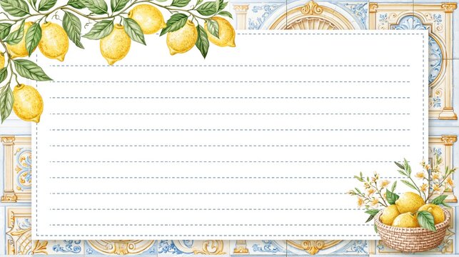 Note paper with lemon branch and basket on vintage tile background for content marketing