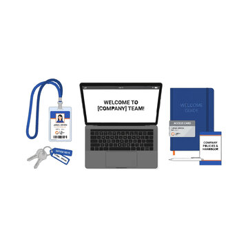 New employee welcome kit with id card, keys, laptop, and handbook.